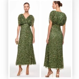 Mac Duggal 5640 Womens Forest Green Draped Sleeve V-Neck Sequin SZ 4 NWT $498